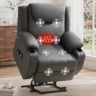 Korser Oversized Power Lift Recliner Chair with Massage and Heat for Elderly, 26" Overstuffed Wide Electric Recliner with 2 Side Pockets, Cup Holders, Lift Chair for Living Room, Faux Leather, Grey