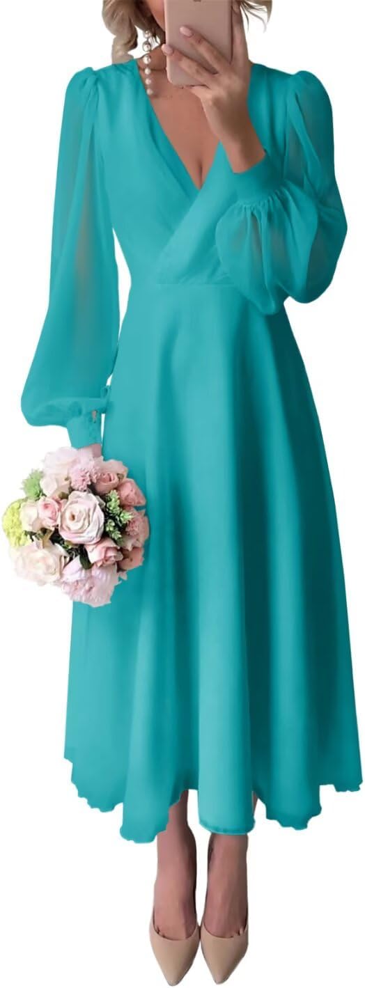 Chiffon Long Sleeve Bridesmaid Dresses A Line Tea Length Wedding Guest Dress for Women V Neck Formal Gown