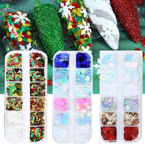 Christmas Nail Art Glitters Sequins, 3 Boxes Holographic Snowflake Nail Art Flakes Red Green White Winter Snowflake Star Glitter Sticker Decals Manicure DIY Xmas Decorations 36 Styles