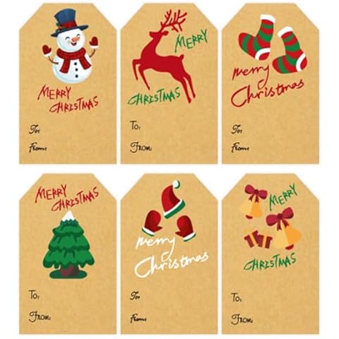 Pangmao Christmas Gift Tags Set, Kraft Paper with Snowman, Reindeer, Stockings, Tree, Santa, and Bow Designs Cover