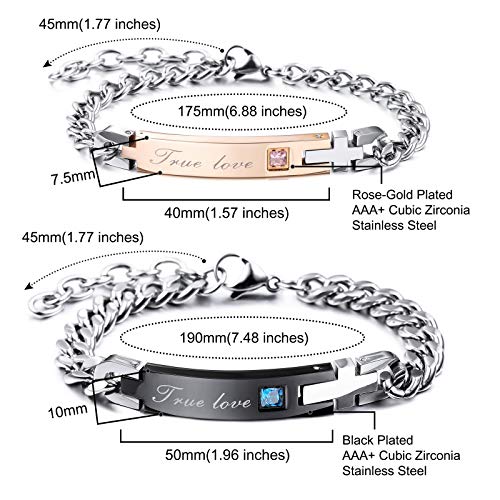 Inblue Personalized Bracelet Nameplate Date Engraved Bracelets For Women Men Girls Boys Couples Custom Anklet Adjustable Handmade Stainless Steel Lovers Jewelry(Black & Rose Gold True Love) #TOP1