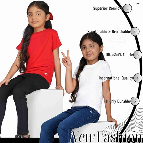 Image of Kids Round Neck T-Shirt Half Sleeves 100% Cotton Rich Soft Comfortable Fit Stylish Plain Color 1+1 Combo Original Brand Tshirt for Girls