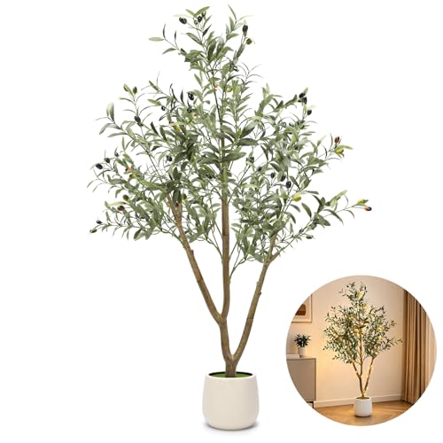 TNELTUEB Olive Trees Artificial Indoor: 5FT Fake Tree with Lights & Planter Realistic Faux Olive Tree with Lifelike Fruits for Living Room Decor Fake Silk Plants for Modern Home Office