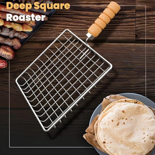 Image of Phulka Grill Roaster for Gas Stove, Grill Tawa Jali for Kitchen Cooking, Roti Basket Pulka Pan Roaster Grill with Wood Handle, Papad Jali, Deep Square Roaster (Steel Wire) (SQ003)