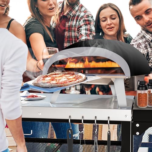 Beweglicher Outdoor-Grilltisch mit DREI Regalen, für Ninja-Holzfeuer, Ooni-Pizzaofen, Blackstone-Grillplatte, Arbeitstisch für Lebensmittelzubereitung, Arbeitstisch mit Schublade und räder
