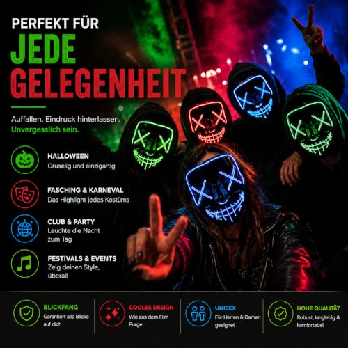 TK Gruppe Timo Klingler LED Grusel Maske - wie aus Purge für Halloween, Fasching & Karneval als Kostüm für Herren & Damen (rot/blau) – Ansicht 2