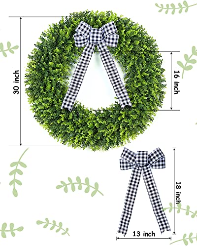 30" Faux Round Boxwood Wreath, Vlorart Artificial Large Boxwood Wreath Front Door Wreaths Artificial Spring Summer Greenery Hanging With A Plaid Bow For Villa Wall Hanging Window Wedding Party Decor #TOP1