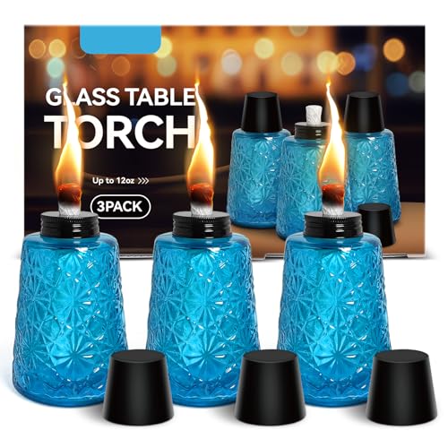 Image of 3 Pack Oil Lamp Transparent Blue Glass Table Torch Citronella Oil Lamps Lantern with 3 Wicks for Indoor Outdoor Patio Decors