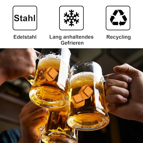 8 Stück Eiswürfel Edelstahl, Golden Whiskey Ice Cubes, Whisky Eiswürfel Wiederverwendbar, mit Kieselgel Eisclip, für Whisky, Wodka, Likör, Wein, Getränkesaft