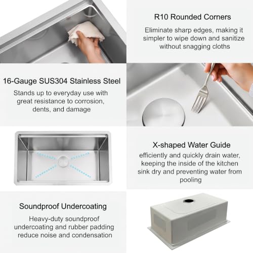 Image of LQS 32 Inch Stainless Steel Undermount Kitchen Sink, 304 Stainless Steel Single Bowl Workstation Sink, Kitchen Sinks with Sapele Wood Cutting Board and Accessories, 32 inch x 18 inch
