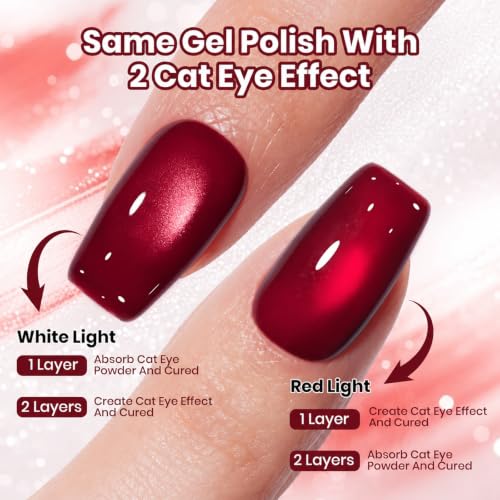 Image of Beetles Red Cat Eye Gel Nail Polish - Wine-Stained Cherry 15ML Magnetic Gel Polish 2 Cat Eye Effects White Glow & Ruby Glow Soak Off UV Glass Cat Eye Gel for Nail Art Salon DIY at Home