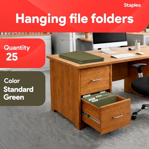 Image of Staples Hanging File Folders, Legal Size, Straight‑Cut Tabs, Standard Green, Durable Filing Solution - 25 /Box | Durable filing solution for everyday legal-size document storage.