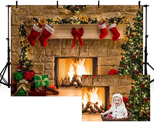 Mehofoto Toile de fond pour studio photo - Motif sapin de Noël, Cheminée, Chaussettes et ruban rouge Cover
