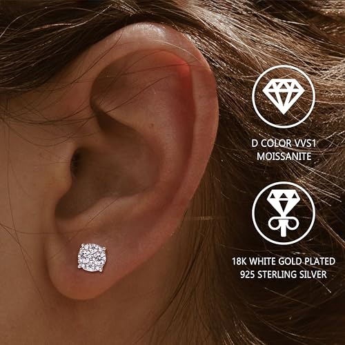 Moissanite Stud Earrings 18K White Gold Plated 925 Sterling Silver Moissanite Stud Earrings with Silicone Back for Women Men 1/2Ct Brilliant Round Cut D Color VVS1 Clarity3