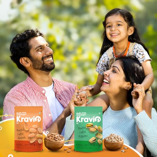 Image of Kravio Premium Roasted Salted Almonds & Pistachios (2 X 200g) | Zero Cholesterol Natural Whole California Badam & Inshell Pista Nuts & Dry Fruits | Rich in Protein, Crunchy Delicious Healthy Snacks