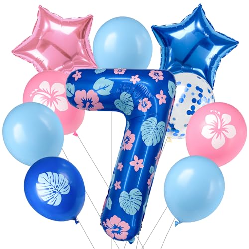 Minyu Tropical Floral Number large Balloon - 10-pack includes hibiscus and palm leaves pink and blue star foil and sequined balloons perfect for birthday party decorations. (Number 7)