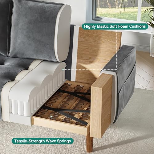 DWVO 68" Loveseat Sofa, Velvet Fabric Sofa Couch for Small Space, Modern Loveseat with Button Tufted Seat and Side Storage Pockect, 3 Seater Couch for Living Room Bedroom, 2 Pillows Included, Grey