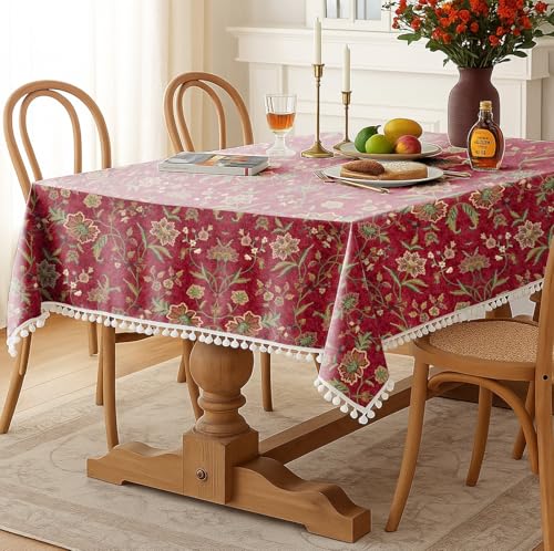 Image of Casableu Kashmiri Floral Printed Table Cloth for 6 Seater Dining Table, Maroon Color, Dust-Proof & Durable Fabric Table Cover for Home & Dining Decor, Size 52 x 72 Inches
