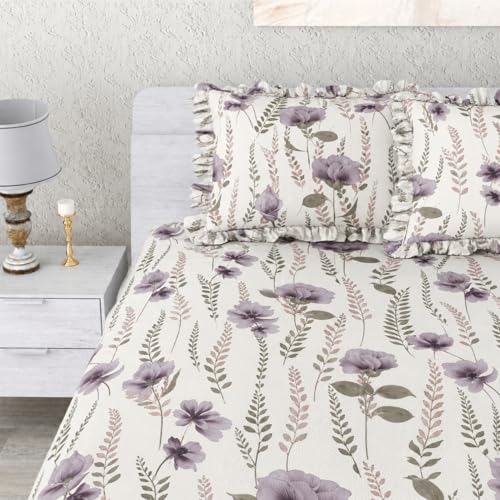 Image of VOMZER King Size (72x78) 300 TC Soft Cotton Feel Microfiber All Around Elastic Fitted Double Bedsheet with 2 Frill Pillow Covers | Wild Floral