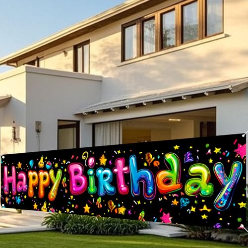 Image of Nuxovilar Happy Birthday Neon Black Banner 79x18in Polyester Backdrop
