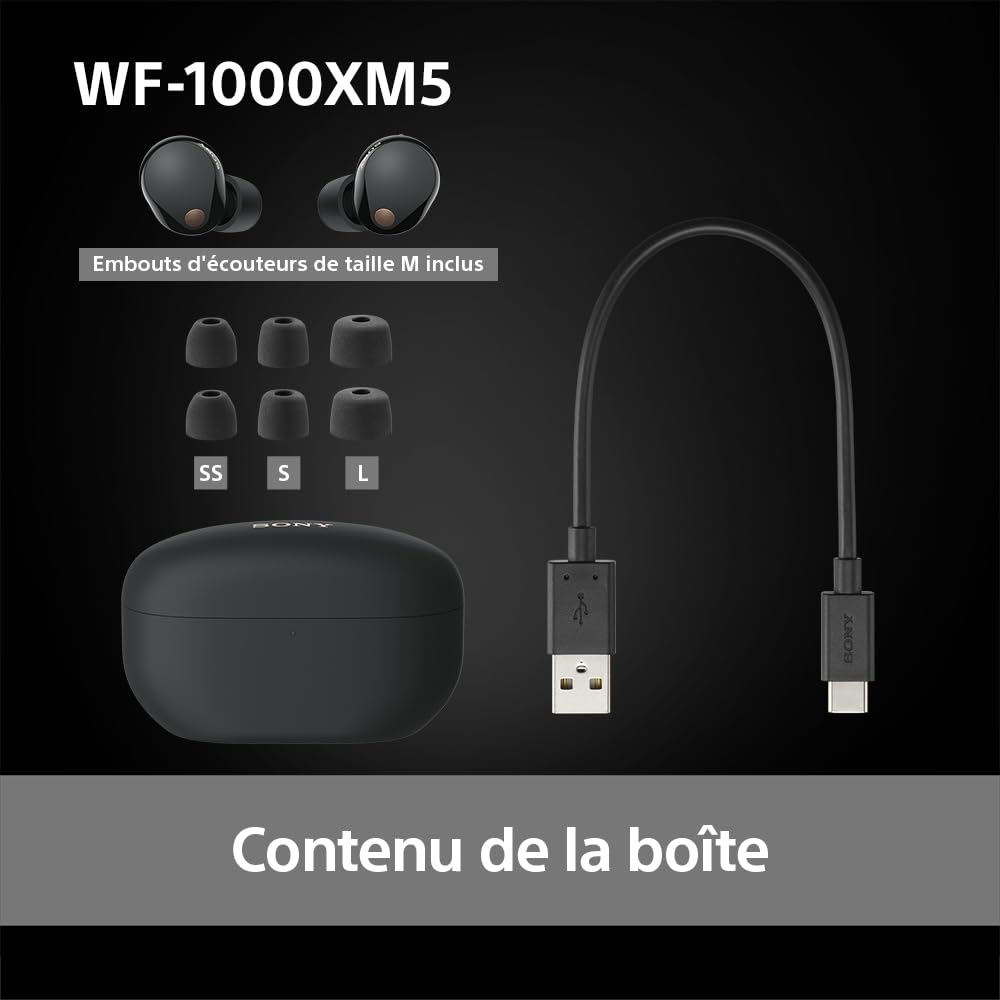 Sony WF-1000XM5 écouteurs sans Fil à réduction de Bruit, Bluetooth, Intra-Auriculaires avec Micro, 36 Heures d'autonomie, Charge Rapide, IPX4, Compatible iOS et Android - Noir