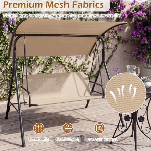 Image of Tangkula 3 Person Porch Swing, Patio Swing with Adjustable Canopy, 800 lbs Heavy-Duty Metal Frame & Breathable Fabric Seat, Outdoor Swing for Backyard Lawn Deck