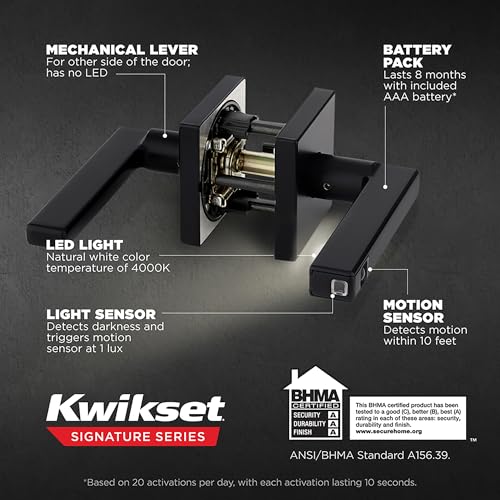 Image of Kwikset Halifax LED Motion Activated Light Up Privacy Door Lever for Bathroom and Bedroom, Matte Black, Reversible Keyless Push Button Lock Door Lever, with Microban Protection