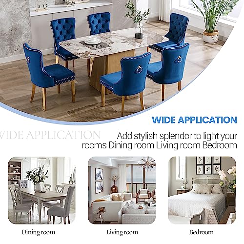 KCC Velvet Dining Chairs Set of 6, Upholstered High-end Tufted Dining Chair with Nailhead Back Ring Pull Trim Stainless Steel Legs, Contemporary Nikki Collection Modern Style for Kitchen, Blue