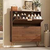 LYNCOHOME Fluted Narrow Shoe Storage Cabinet with 2 Flip Drawers, Freestanding Shoe Organizer for Entryway, Shoe Rack Cabinet with Adjustable Shelves, Walnut