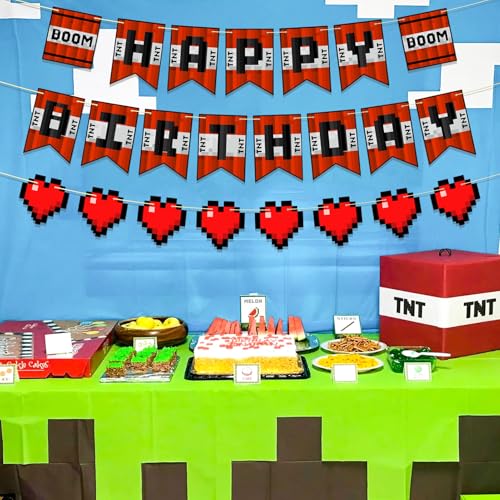 Image of Pre-Strung Pixel Themed Birthday Party Decorations, Video Game Happy Birthday Banner, Boom Style Gamer Party Supplies, NO DIY