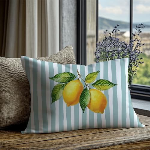 Image of Dusty Mint and Yellow Summer Italian Mediterranean Amalfi Coast Lemon Pillow Cover Decor 12x20,Italian Striped Decorative Throw Pillow Cover Decor for Couch Double-Sided