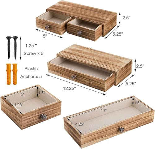 Image of Wood Floating Wall Mounted Drawers on a Floating Shelves with Drawers for Bedrooms, Living Rooms, and Displays Two Vintage Bedside Shelves (Pine) Wood (Brown)