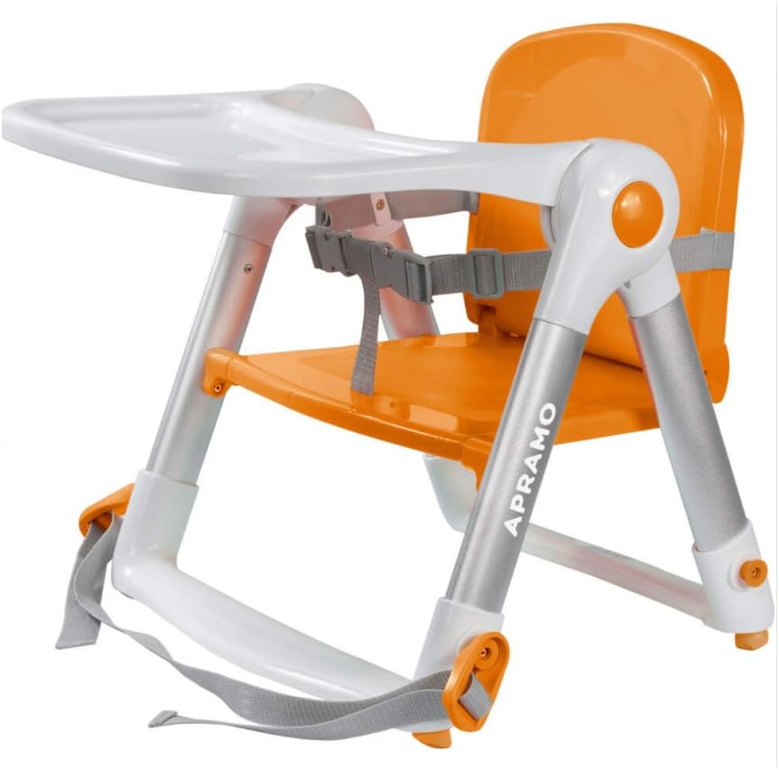 Image of Portable Baby High Chair, Orange and White, Foldable with Tray and Wheels, 6 Months to 3 Years