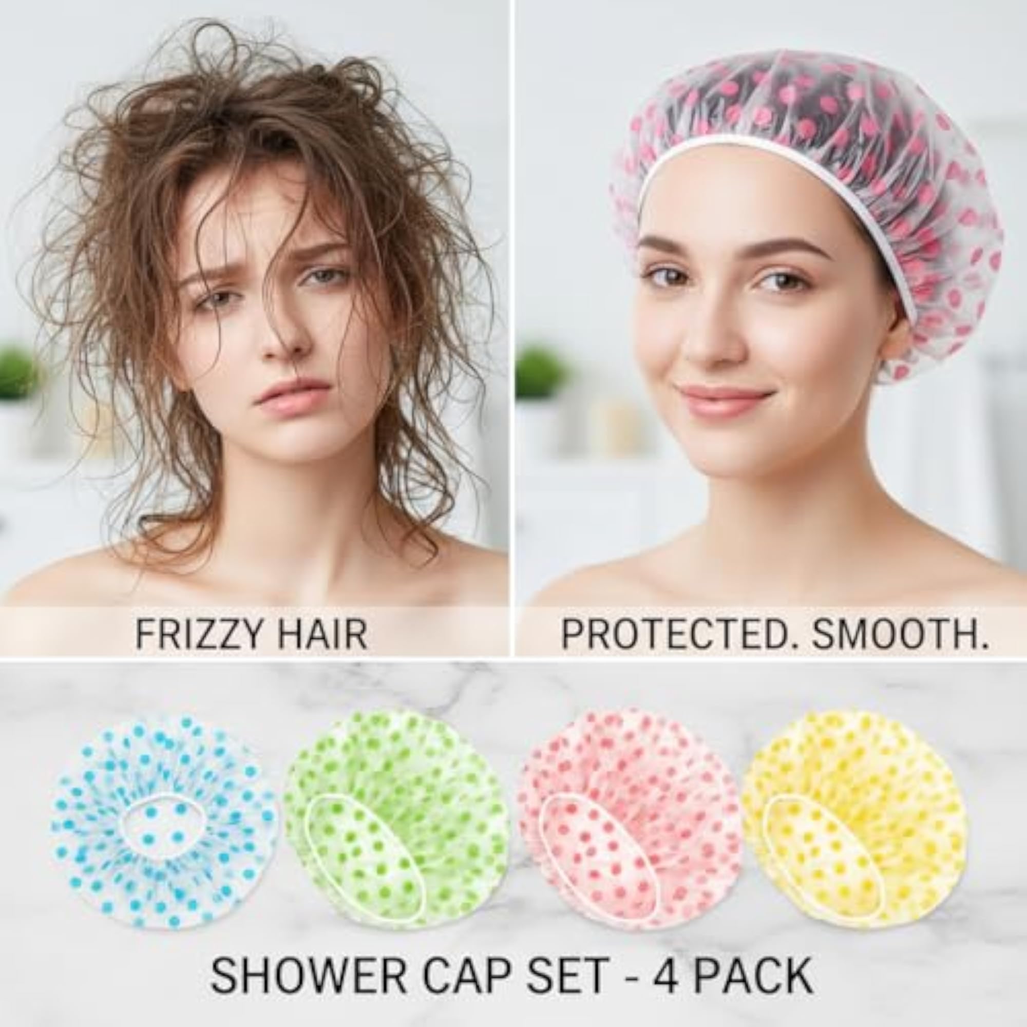 Shower Cap Set of 4 for Women, Reusable Waterproof EVA Bath Caps