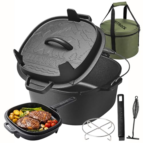 HITROCK Cast Iron Camp Dutch Oven 9QT Pre-Seasoned Camping Dutch Oven with Lid Flat Bottom Outdoor Pot with Lid Lifter Pot Stand Storage Bag & Handle for Camping Baking Grilling Rounded-square Shape