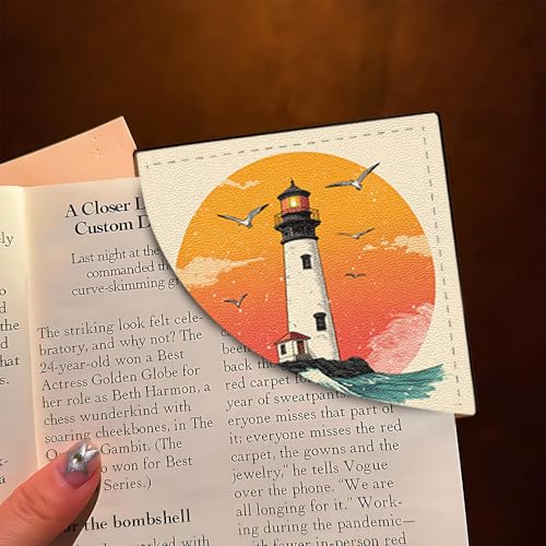 Image of 2Pcs Lighthouse Ocean Corner Bookmarks, Handmade PU Leather Page Corner Protectors, Vintage Sea Art Stationery Gift for Women, Teachers, Students, Summer Reading Accessories 3.54 x 3.54