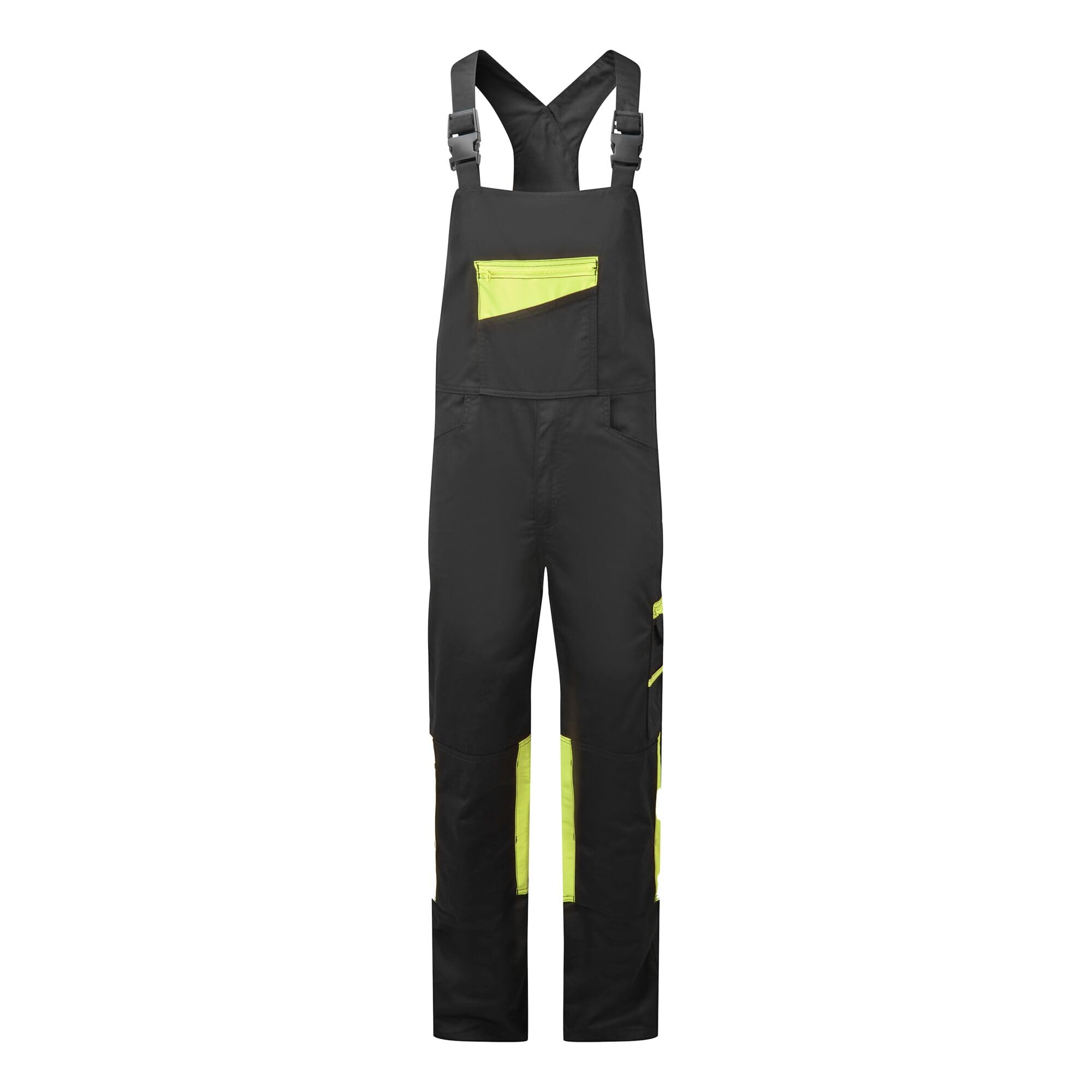 Portwest CD850 WX2 Eco Stretch Bib and Brace Durable Workwear with Recycled Polycotton Fabric Multi Pocket Design Flexible Fit Bottom Loading Knee Pad Pockets Sustainable, Black/Yellow, XXXL