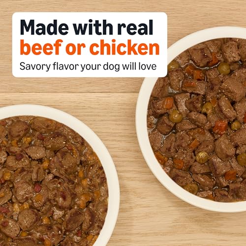 Image of Amazon Basics Wet Dog Food Cuts in Gravy Variety Pack, Bacon Cheeseburger Flavor and Country Stew Flavor, Made with Real Beef and Chicken, 13.2 oz can (6 cans of Each Flavor, 12 cans in Total)