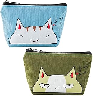2Pcs Canvas Pouch for Coin Mini Cat Change Wallet Cartoon Coin Bag with Zipper Animal Small Wallet foe ID Card, Key, Headset, Credit Card, Lipstick(Blue&Green)