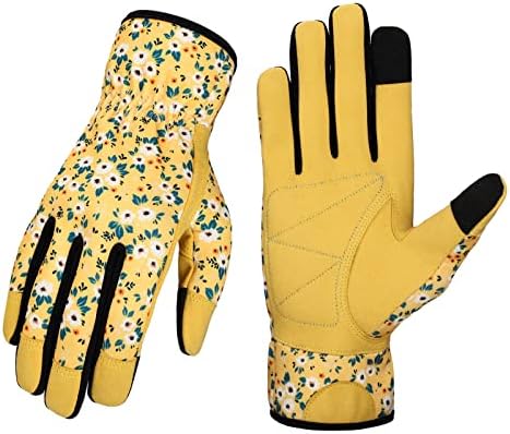 Petacffe Leather Gardening Gloves for Women - Garden Breathable Work Gloves with Touch Screen Function for Weeding, Planting, Mowing, Landscaping, Yard Work (Medium, Yellow)
