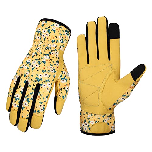 Petacffe Leather Gardening Gloves For Women - Garden Breathable Work Gloves With Touch Screen Function For Weeding, Planting, Mowing, Landscaping, Yard Work (Medium, Yellow) #TOP26