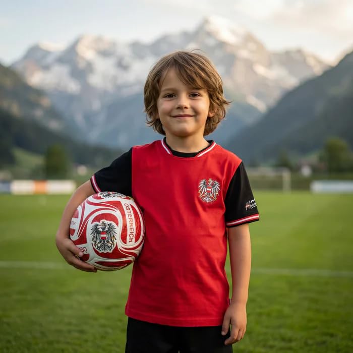 Hoamatkult Kinder T-Shirt Österreich Adler – WM-Kollektion rot-schwarz, Fußball Shirt für Kinder 3–14 Jahre, bequemer Schnitt, Familienlook Fan Shirt - 98/104