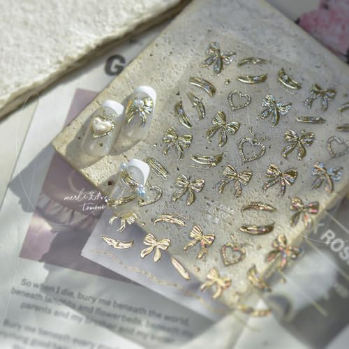 Image of Bow Nail Art Stickers Gold Nail Decals Shiny with Design Silk Bow Nails Stickers 5D Embossed Self Adhesive Nails Charms Supply for Women Girls Manicure DIY Decoration