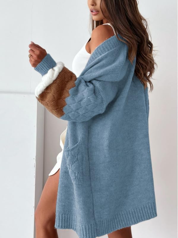 Yidarer Women Oversized Knit Cardigan Open Front Color Block Sweater Casual Fall Outfits with Pockets - Image 4