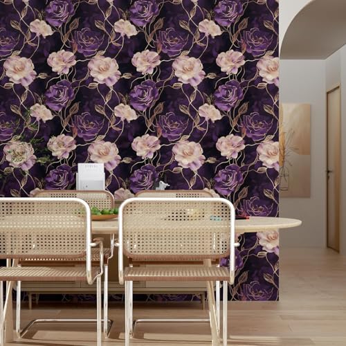 Image of VKR Premium Luxury Floral Self Adhesive Wallpaper Roll for Bedroom Living Room Furniture & Cabinets, Peel & Stick Decorative Wall Covering for Home Decor (45 x 300 cm, Purple Gold Rose Design)