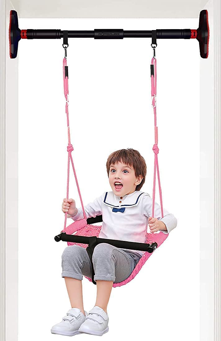 ROPECUBE Baby Swing, Toddler Swing + Pull Up Bar for Doorway (Adjustable Width Workout Bars), Indoor Swing Set, Swing Seat for Kids with Adjustable Ropes, for Outdoor Indoor, Backyard