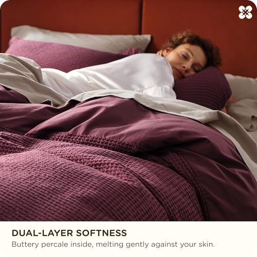 Image of Bedsure Cotton Duvet Cover King - 100% Cotton Waffle Weave Burgundy Duvet Cover King Size, PureWoven Breathable Bedding Set for All Season, 3 Pieces, 104 inchx90 inch