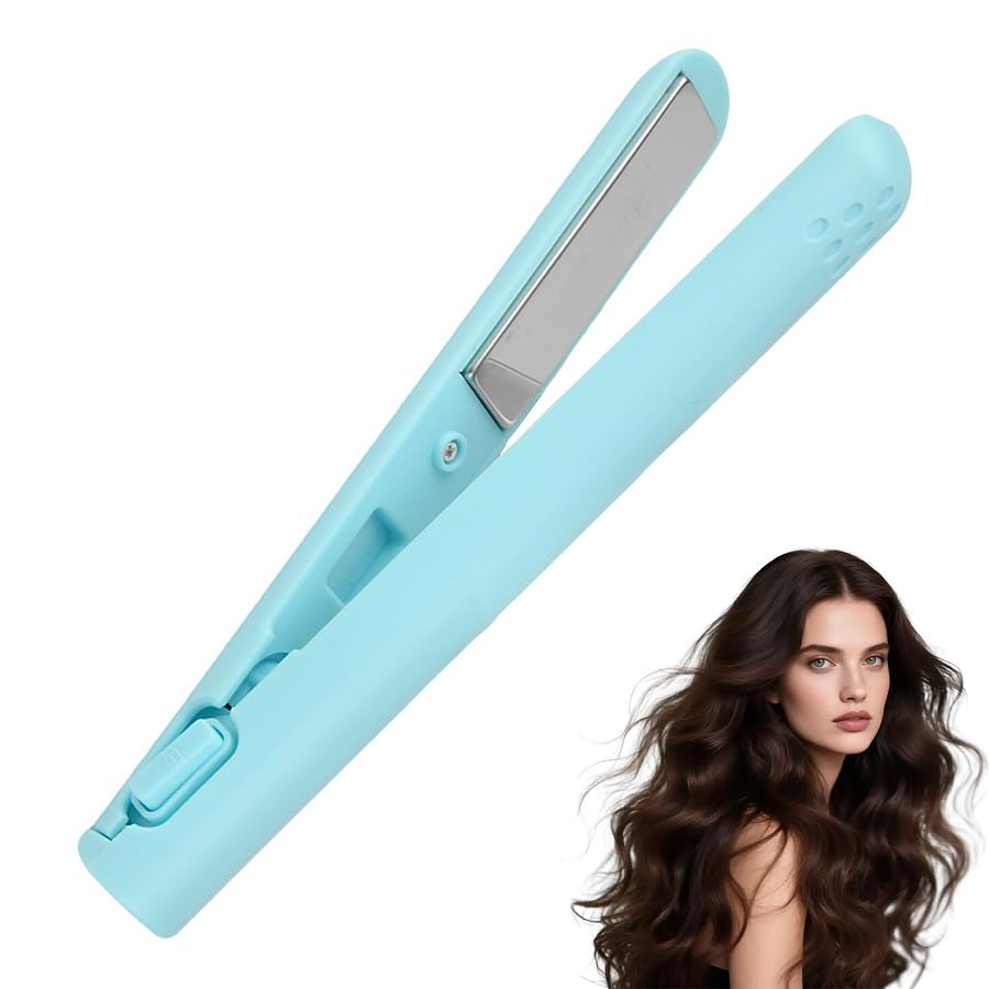 2-in-1 Mini Dual-Purpose Curling Iron Dual Purpose Curling Wand & Flat Iron Hair Straightener Fast Heating Mini Hair Curler for Short and Long Hair Portable Mini Curling Tongs Travel Size (Blue)