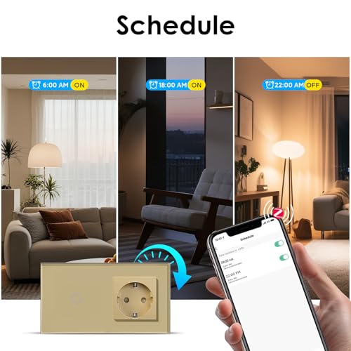 BSEED Normale Steckdose mit Smart ZigBee Lichtschalter, intelligenter Wandschalter Kompatibel mit Alexa und Google Home, 1 fach 1 Weg Unterputz Schalter 250V Golden (Hub erforderlich)