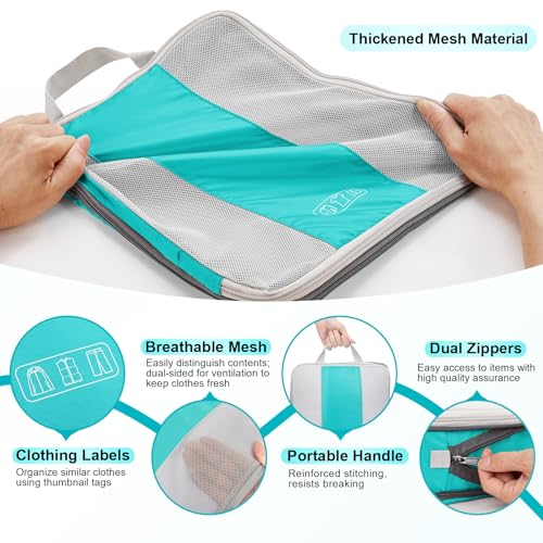 Image of OlarHike 10 Set Compression Packing Cubes for Travel Essentials,Compressible Expandable Space Saver Bags for Organizing Clothes,Luggage Suitcase Garment Bags with Over 1000 pcs Mesh Holes(Blue Green)